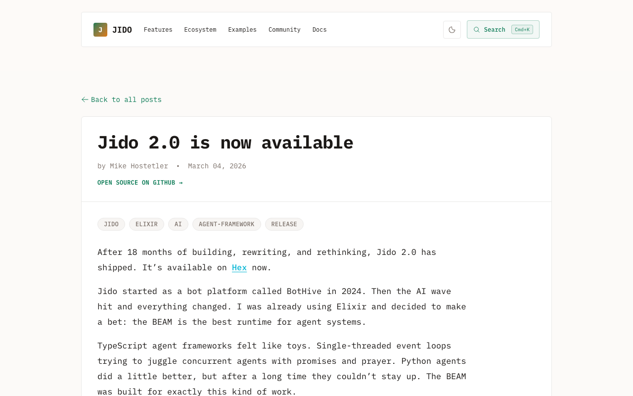 Jido 2.0, Elixir Agent Framework